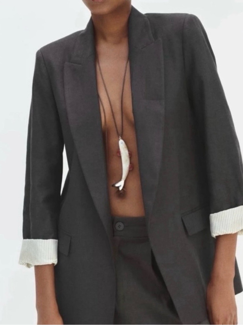 Zara - women’s 100% linen blazer printed sleeves grey open front jacket size M